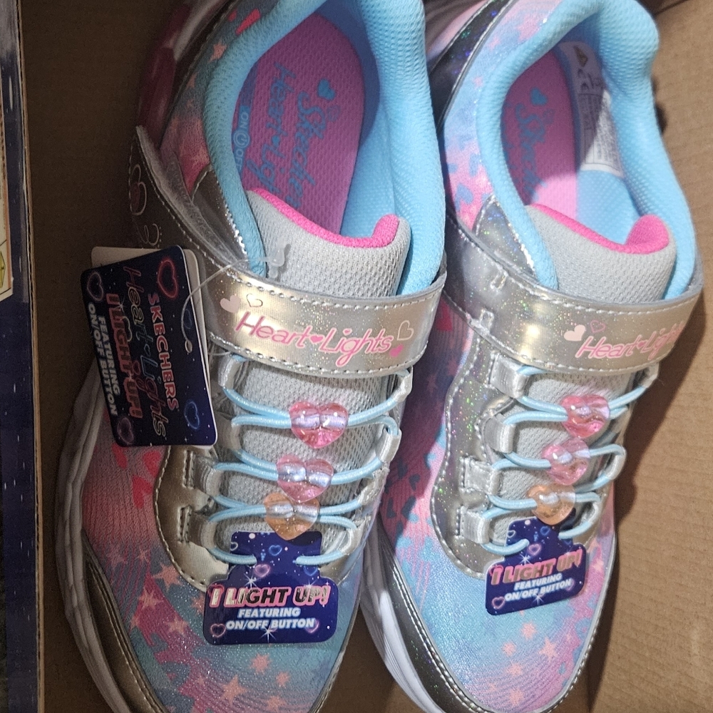 Skechers Heart Lights Sneakers - Silver, Pink, and Blue